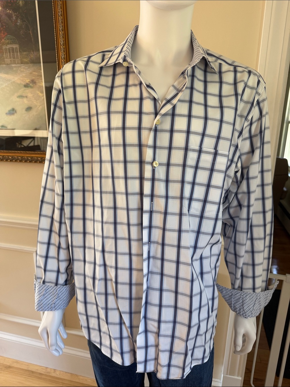 Egara White and Navy Windowpane Casual Button-Down Shirt